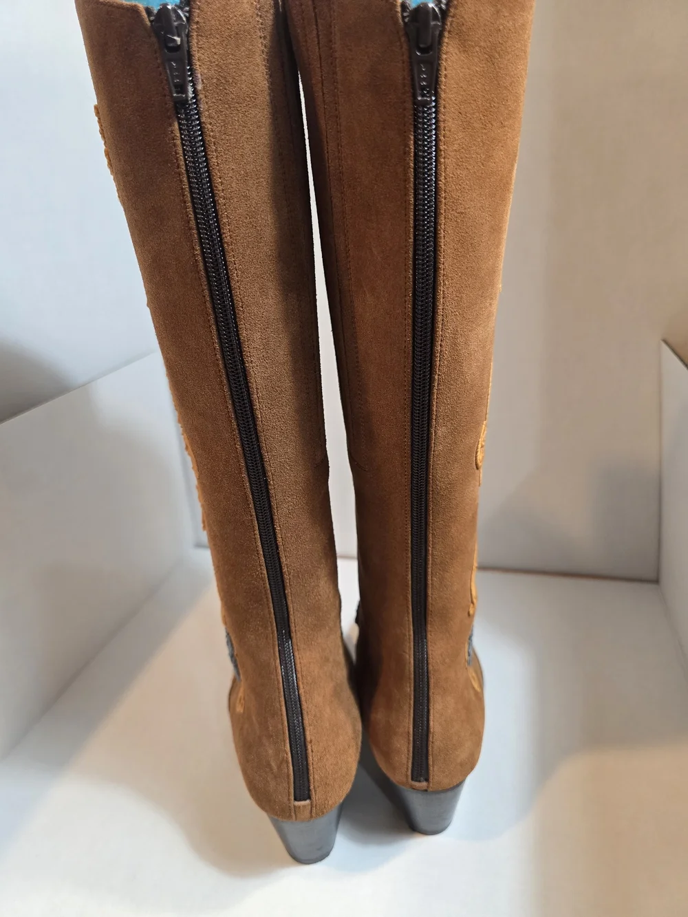 Embroidered Brown Suede Knee-High Boots